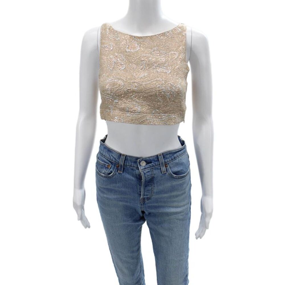 Rochas Women Cropped Silk Paisley Sleeveless Blouse Beige Round Neck Size S